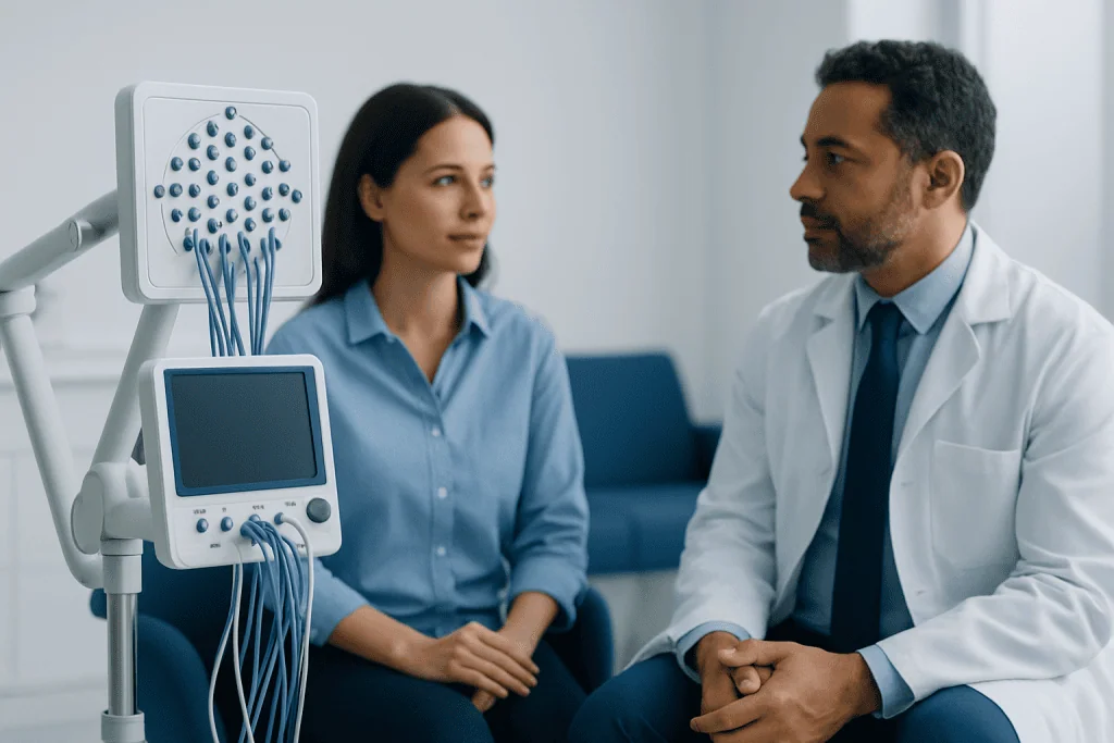 Neuropsychologist and patient during brain function assessment at Acibadem Hospital.