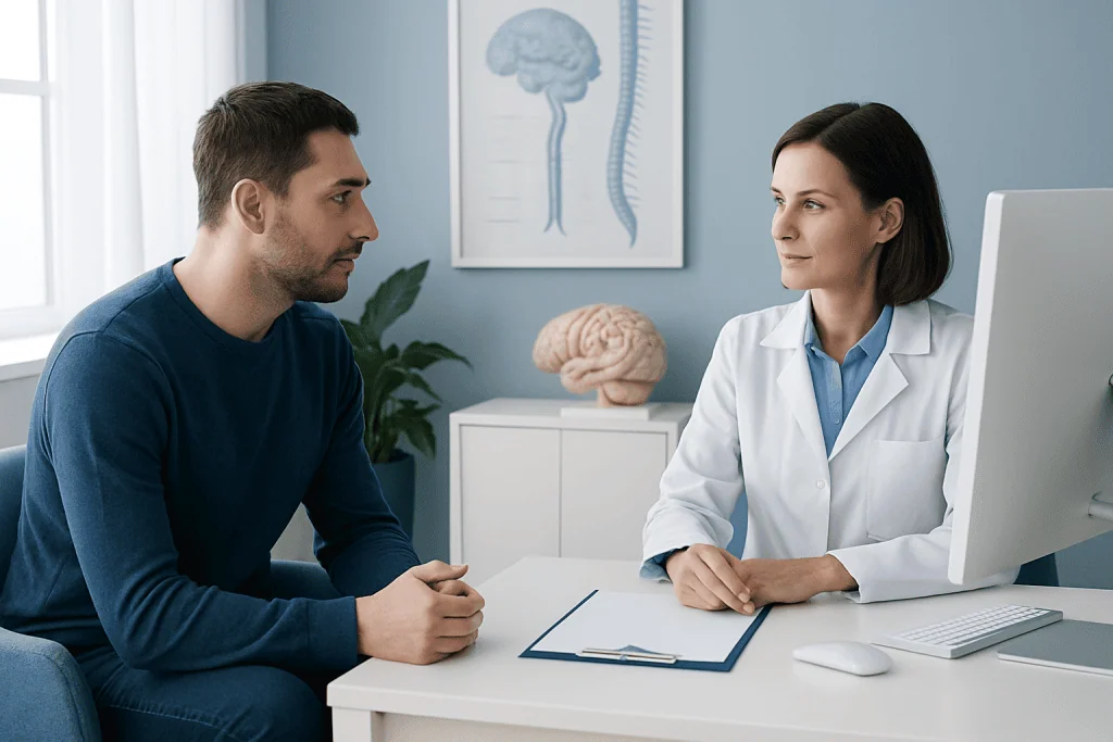 Doctor consulting patient in neurology clinic at Acibadem Hospital.