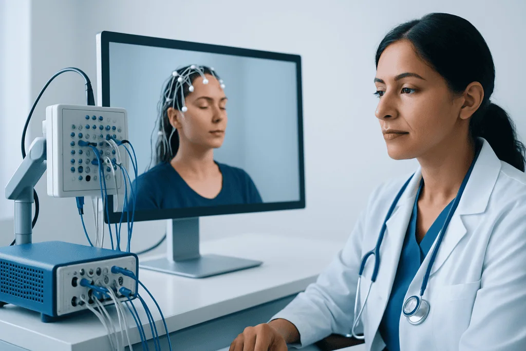 Neurophysiologist monitoring patient with EEG equipment during a neurological exam.