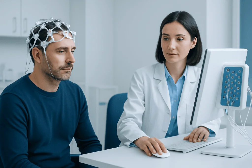 Patient undergoing neuropsychological assessment with doctor at Acibadem Hospital.