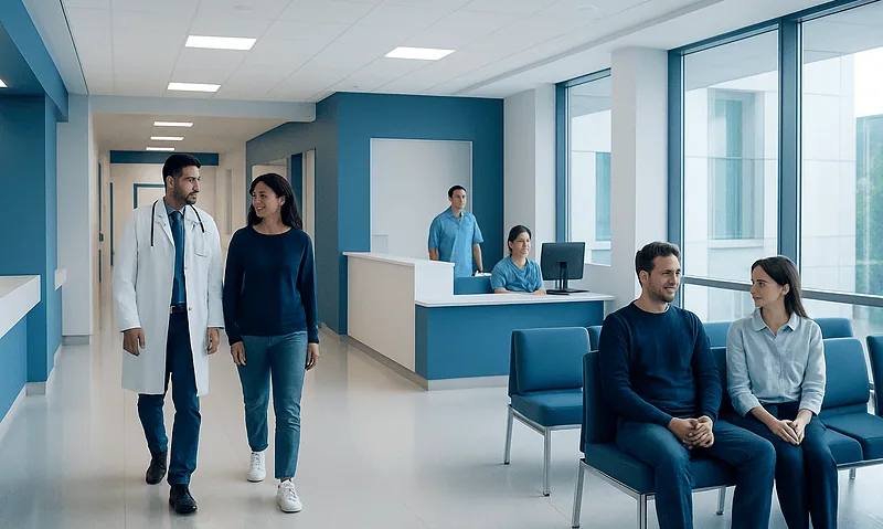 Modern hospital corridor with doctors and patients in a healthcare setting.