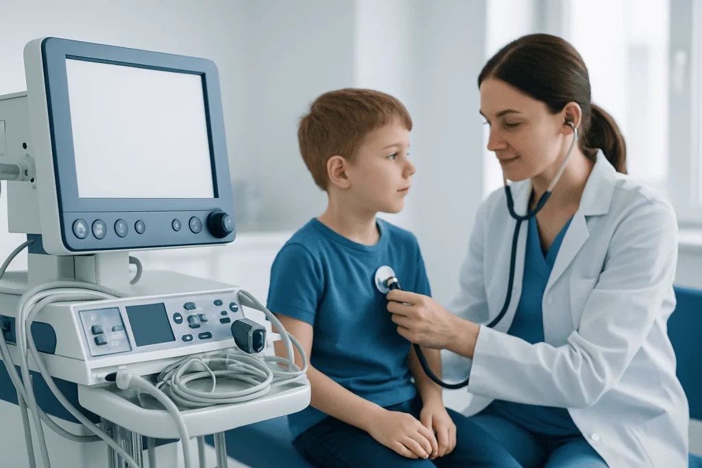 Pediatrician examining a young boy with medical equipment in a clinic.