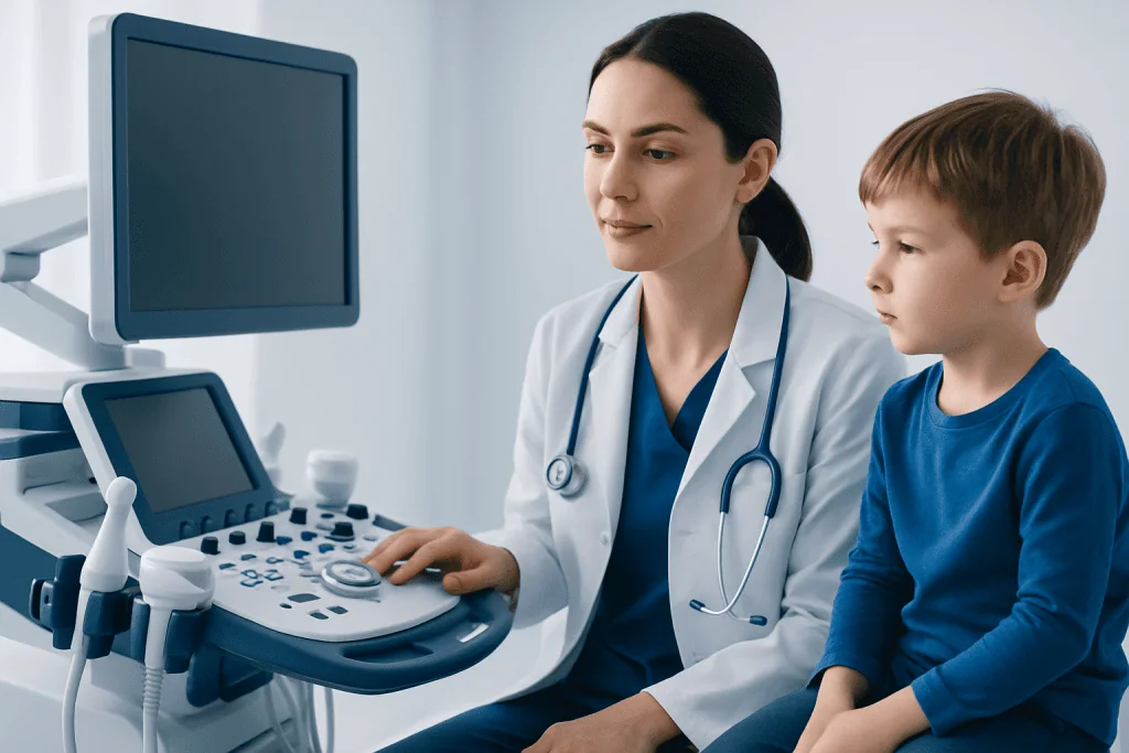 Pediatrician performing an ultrasound on a young boy in a clinic setting.