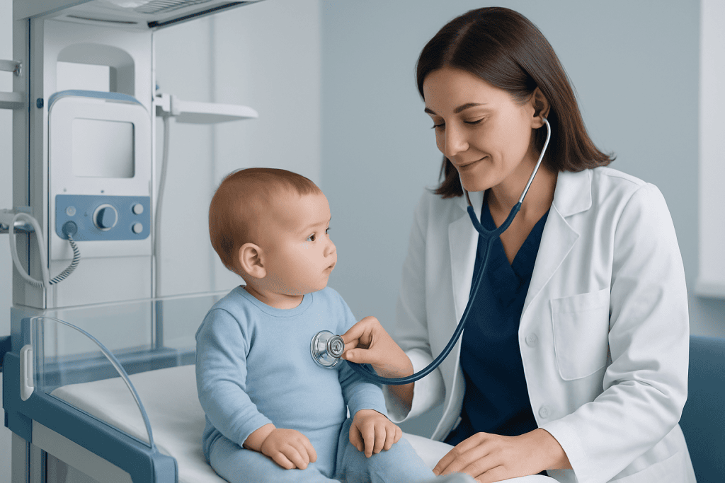Pediatrician examining a young child with a stethoscope in a hospital room.