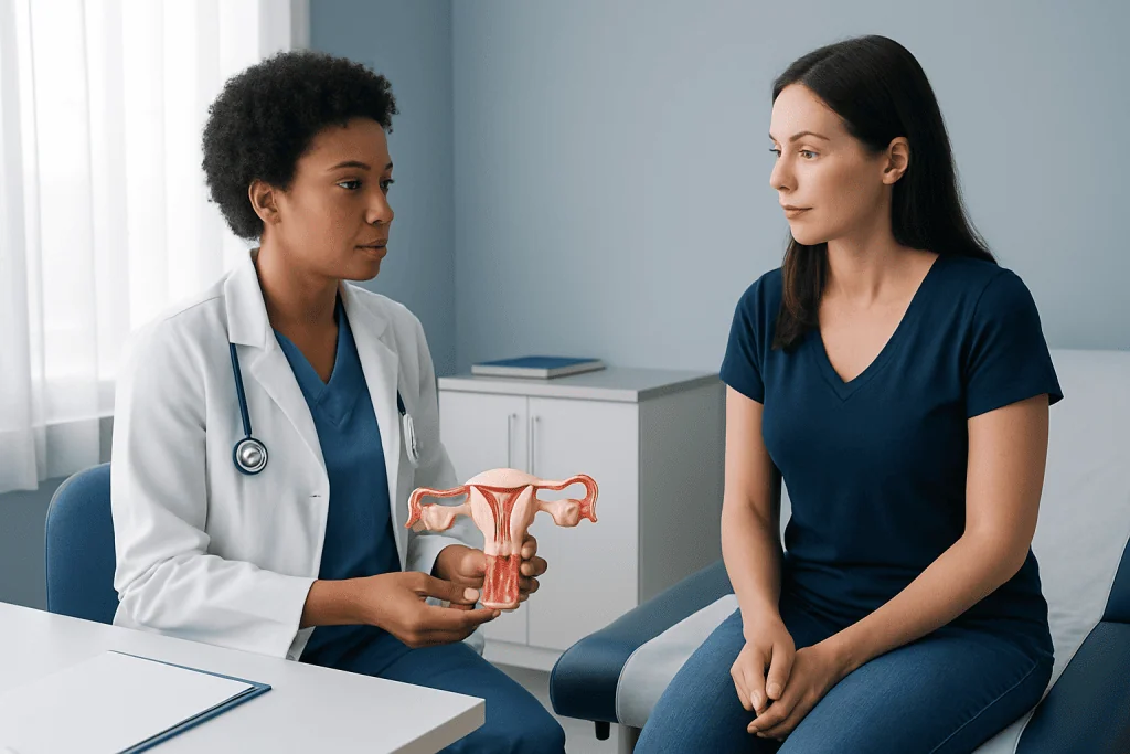 Doctor explaining pelvic anatomy to patient during consultation at Acibadem Hospital.
