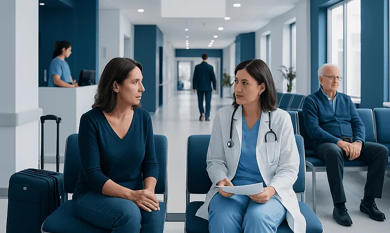 At Acibadem, How Pre-Travel Medical Review Helps Confirm the Right Next Step 15 Medical consultation at Acibadem Hospital with doctor and patient in waiting area.
