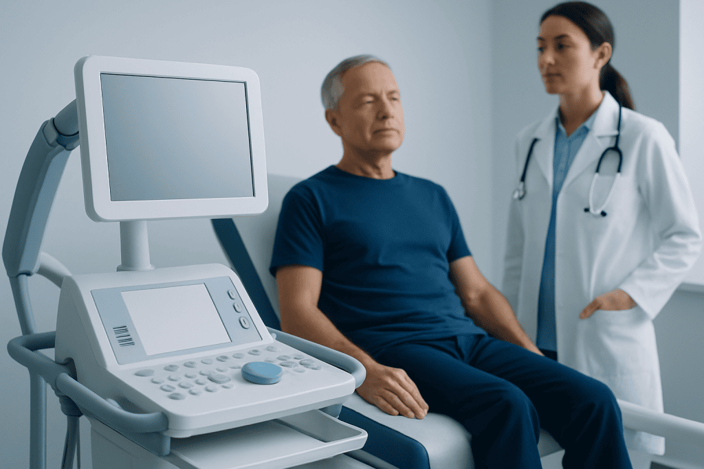Doctor and patient in a medical examination room with ultrasound equipment.
