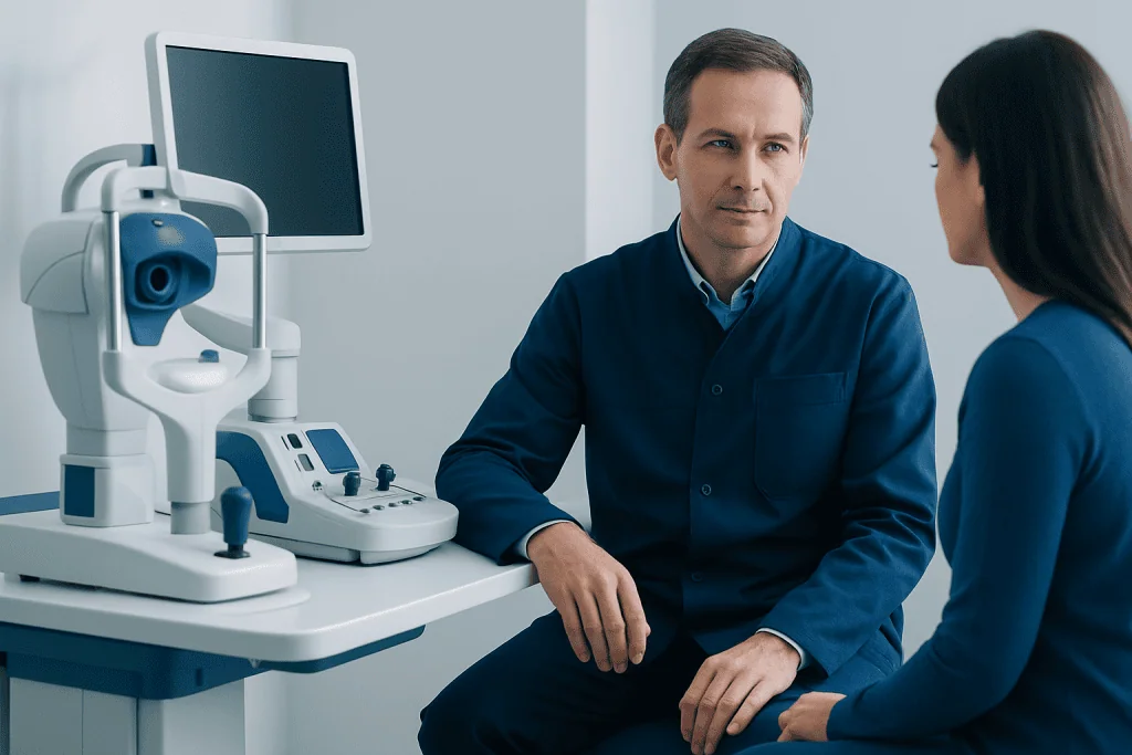Doctor consulting patient in a medical examination room with eye diagnostic equipment.