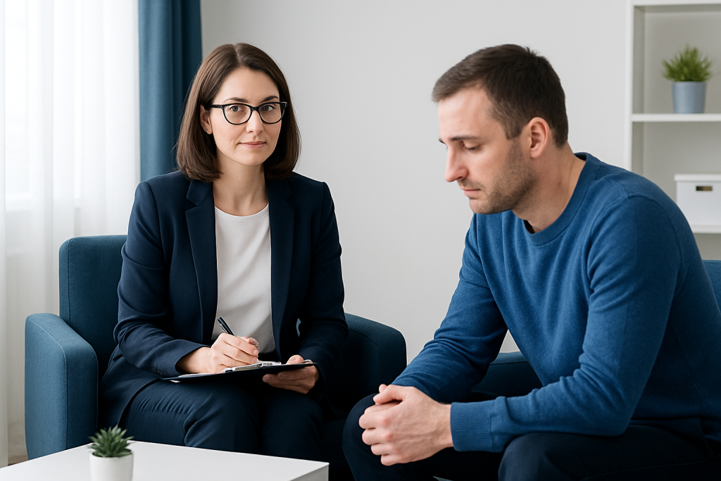 Mental health professional listening to a patient in a consultation room.