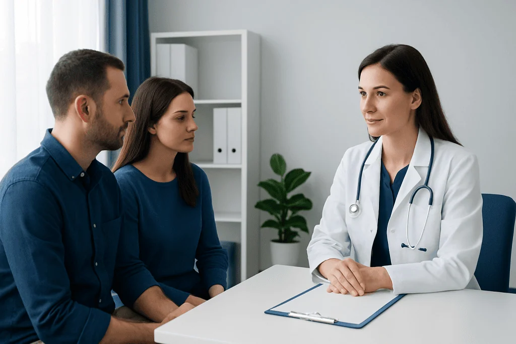 Doctor consulting with a couple about IVF treatment options in Turkey.