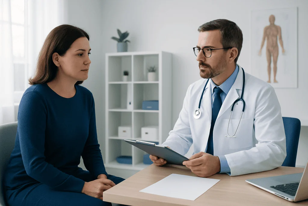 Doctor consulting with a female patient in a medical office setting.
