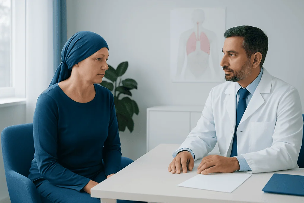 Doctor consulting with a female patient in a medical office setting.