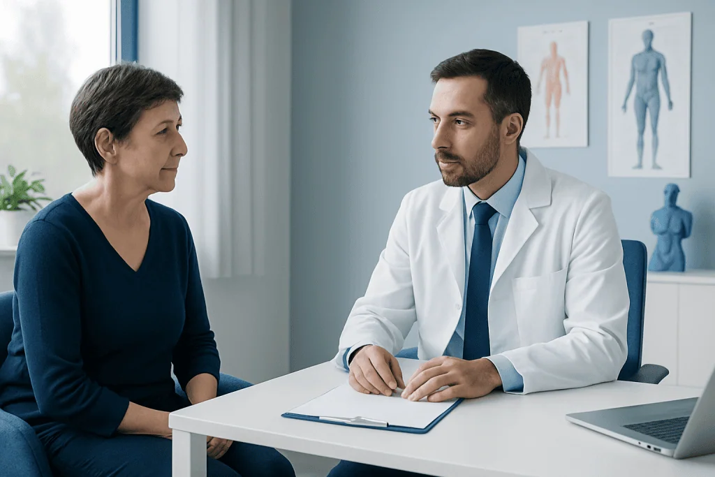 Doctor consulting with a female patient in a medical office setting.