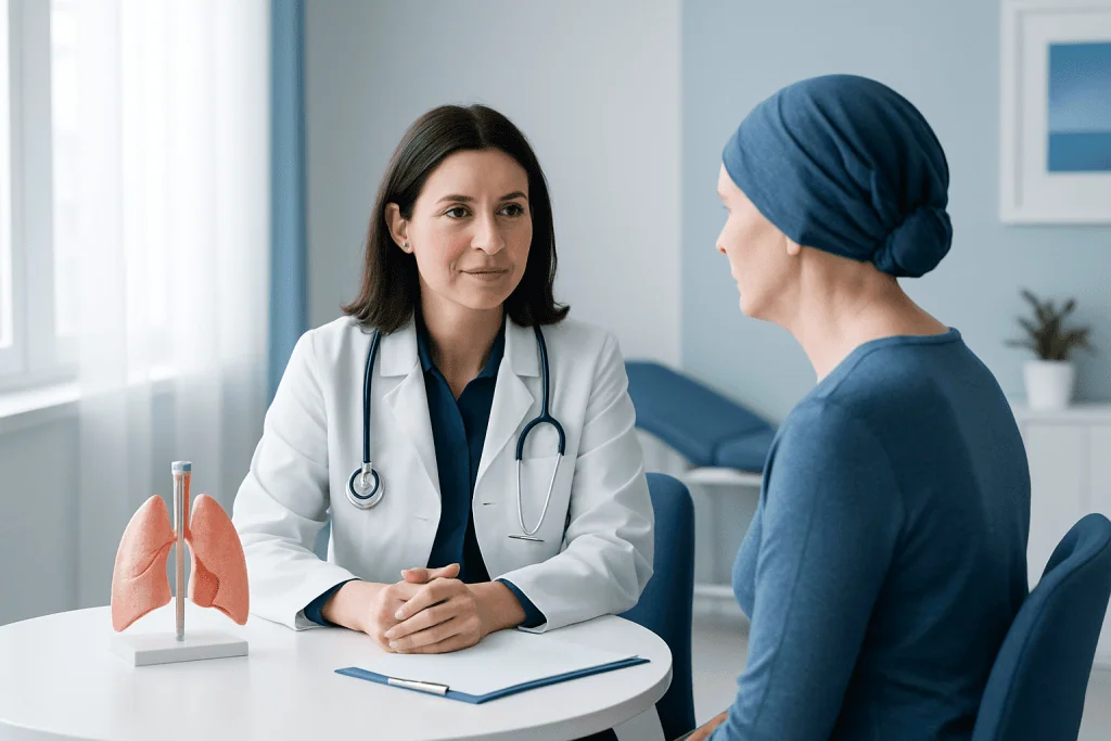 Doctor consulting a patient in a hospital room with a lung model on the table.