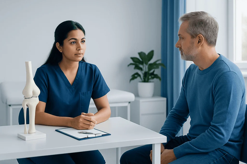 Doctor consulting with patient about orthopedic issues in a clinical setting.