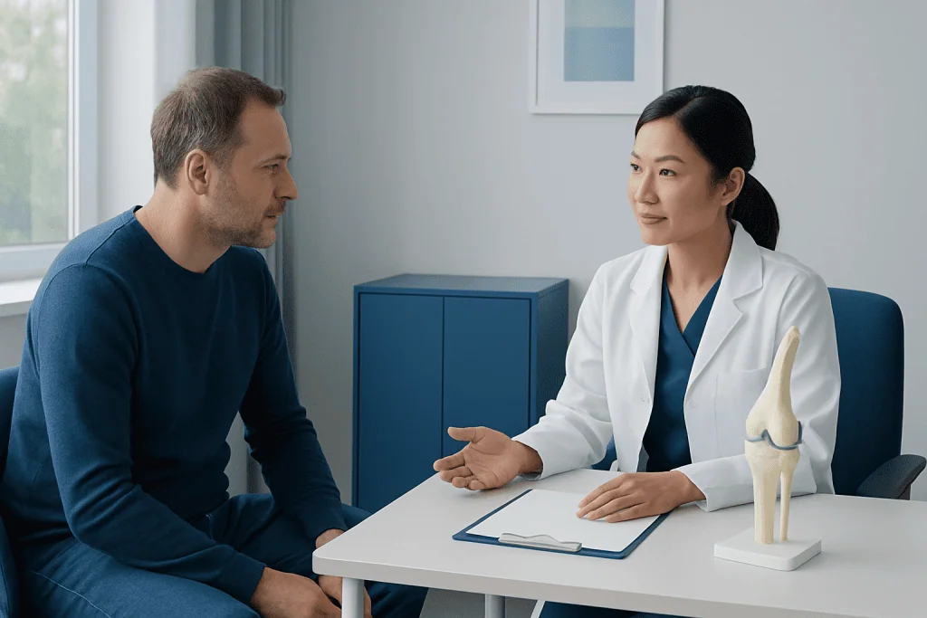 Doctor consulting with patient about orthopedic issues in a modern clinic.