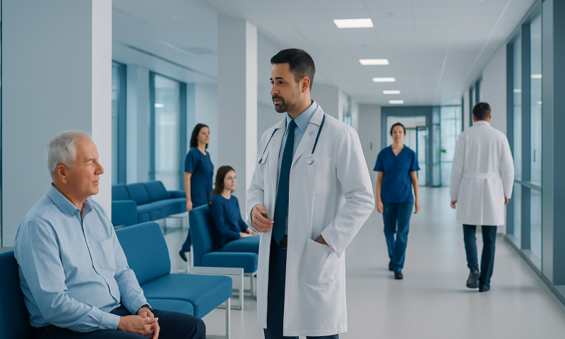Doctor consulting with elderly patient in hospital corridor.