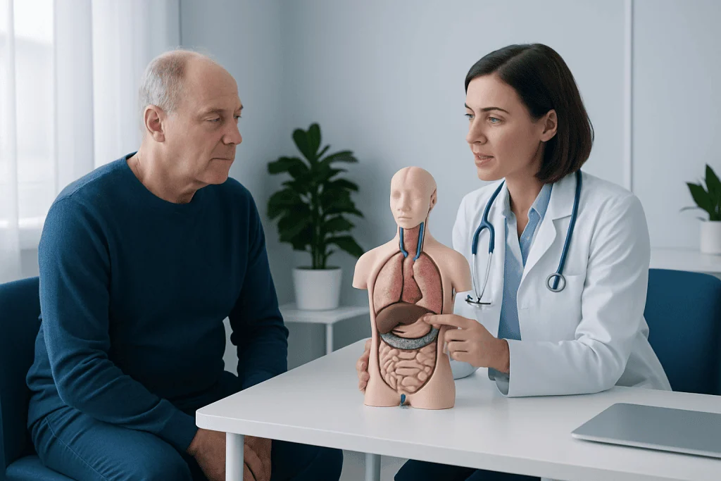 Doctor explains digestive system to patient in a medical consultation.