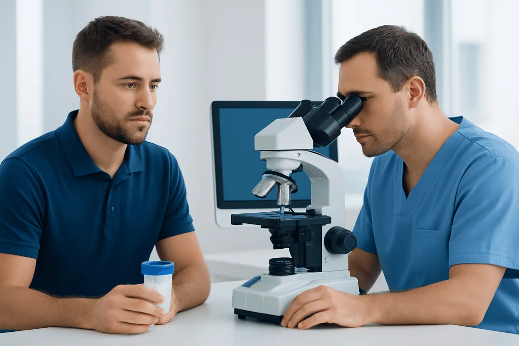 Doctor examining semen sample with microscope in clinic setting.