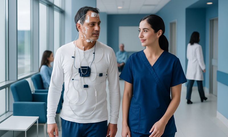 Patient undergoing sleep study test with medical staff in hospital corridor.