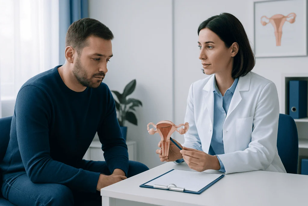 Doctor explaining reproductive health to a male patient in a clinic setting.