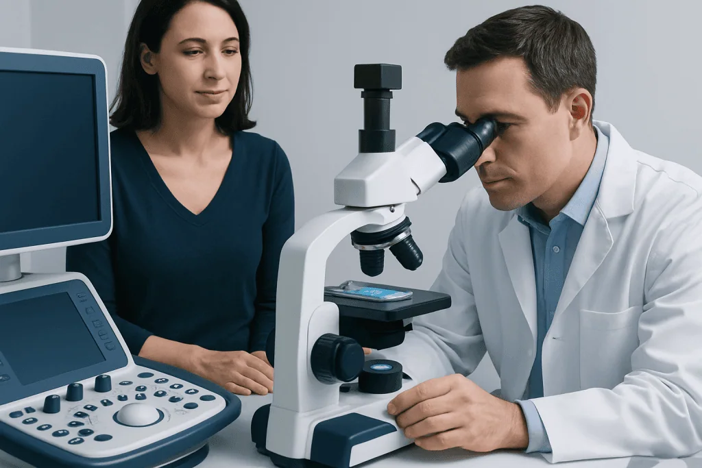 Doctor examining a sample through a microscope during fertility checkup.