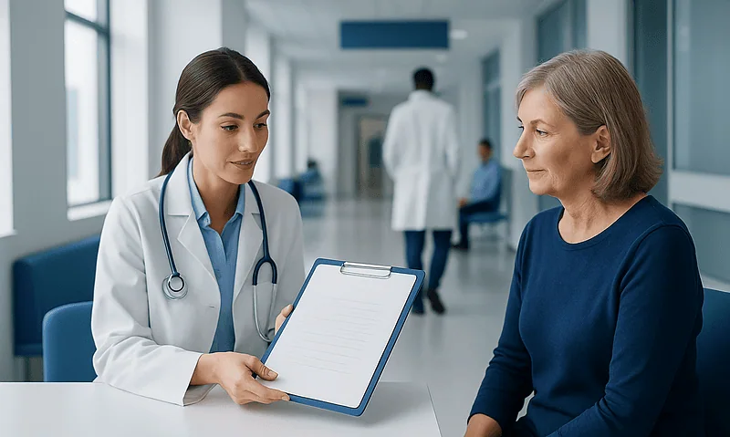 Doctor discussing treatment consent with a patient in hospital corridor.