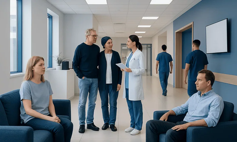 Patients and staff in a hospital corridor at Acibadem Hospitals Group.