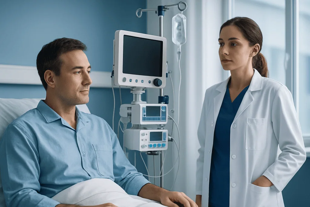 Doctor and patient in hospital room with medical equipment.