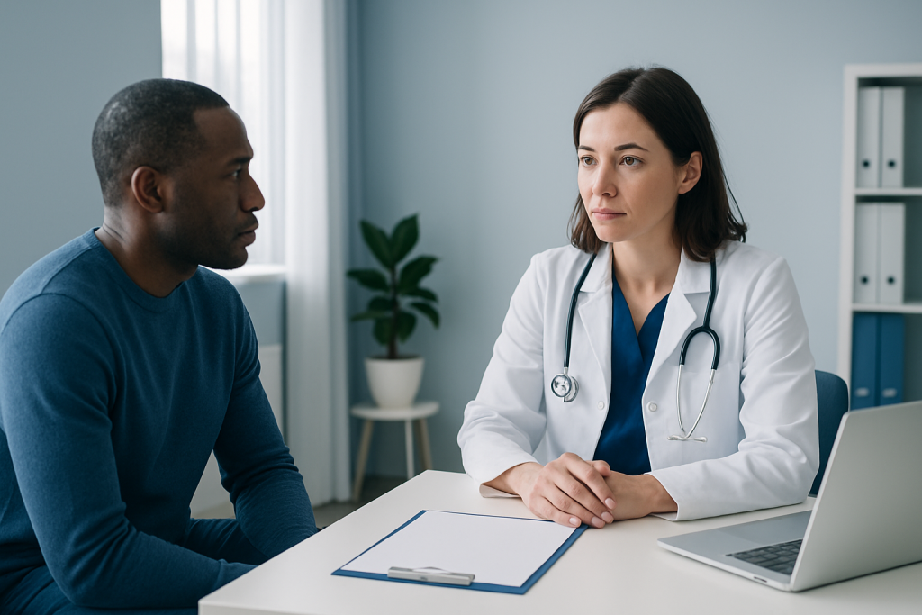 Doctor consulting with patient in a modern medical office.