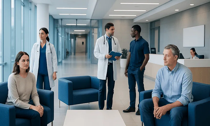 Hospital waiting area with medical staff and patients in conversation.