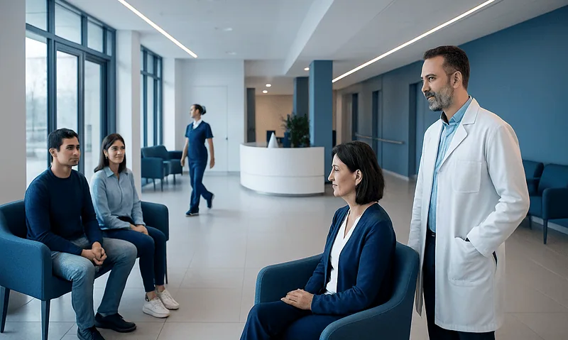Doctor consulting with patients in a modern hospital waiting area.