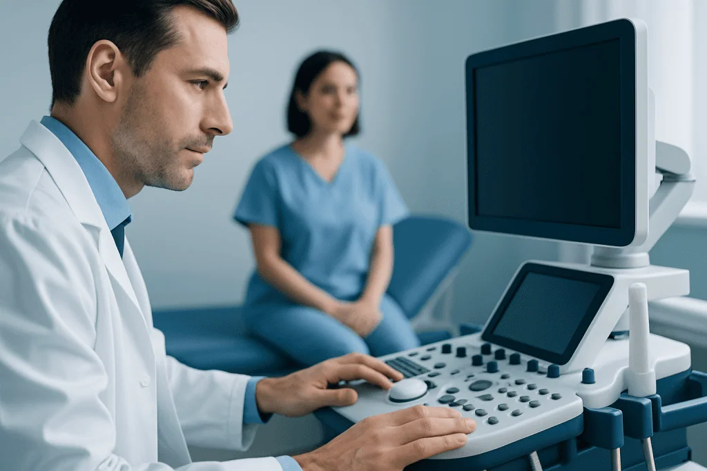 Doctor performing an ultrasound examination in a medical clinic.