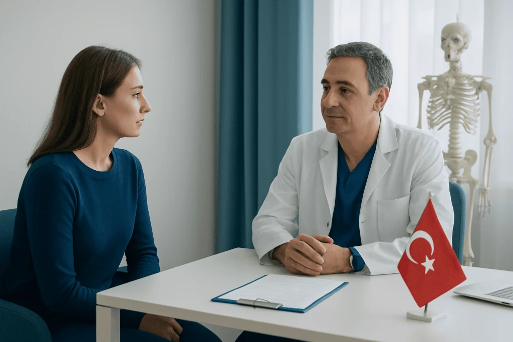 Doctor consulting a patient in a medical office with a Turkish flag and skeleton model.