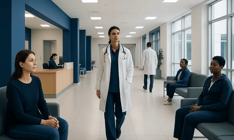 Medical consultation in a modern hospital waiting area with healthcare professionals and patients.