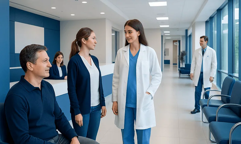 At Acibadem, What Happens After You Accept a Quote and Before You Arrive in Turkey 2 Medical consultation at Acibadem Hospital with healthcare professionals and patients.
