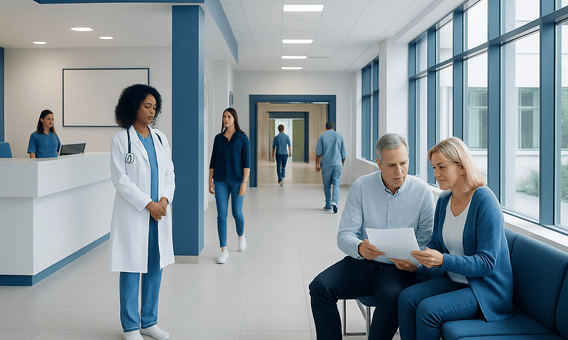 At Acibadem, What to Expect After You Accept a Treatment Quote 6 Patients and medical staff in a modern hospital corridor at Acibadem Hospitals Group.