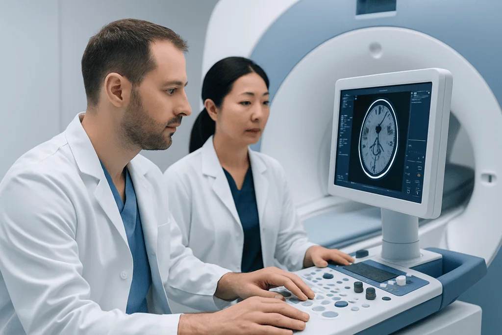 Doctors analyzing brain MRI scan on a computer at Acibadem Hospital.