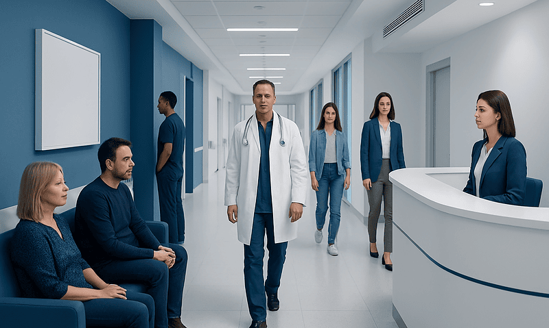 Medical staff and patients in a modern hospital corridor.