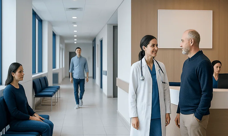 Healthcare professionals and patients in a modern hospital corridor.
