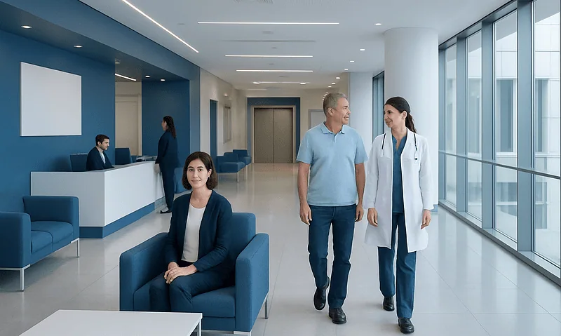 Modern hospital lobby with patients and staff at Acibadem Hospitals Group.