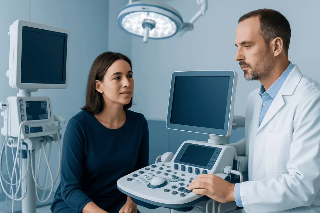Doctor explaining medical results to a patient in a hospital room.