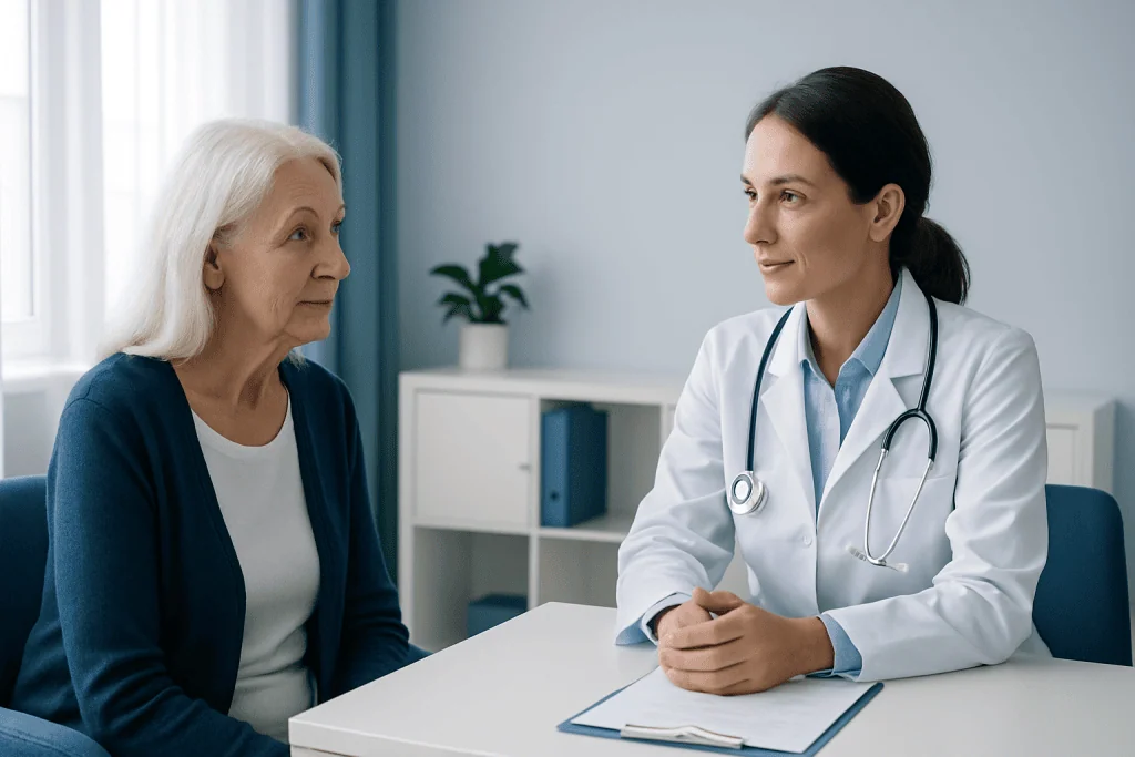 Doctor consulting elderly woman in a medical office.