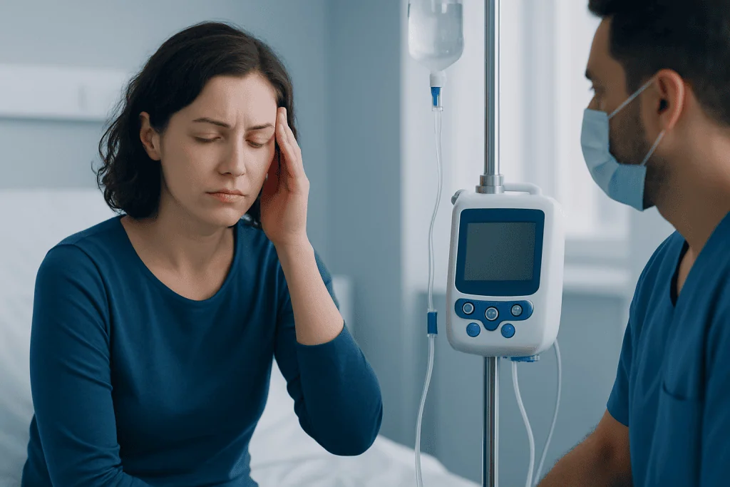 Woman with headache in hospital bed receiving IV treatment from healthcare professional.