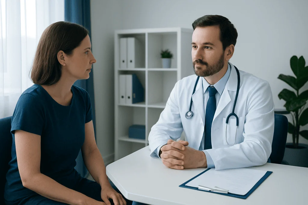 Doctor consulting with a female patient in a medical office.