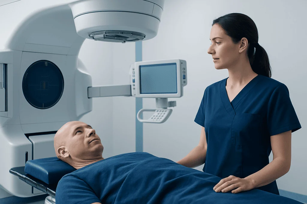 Medical professional preparing patient for cancer treatment scan in hospital.