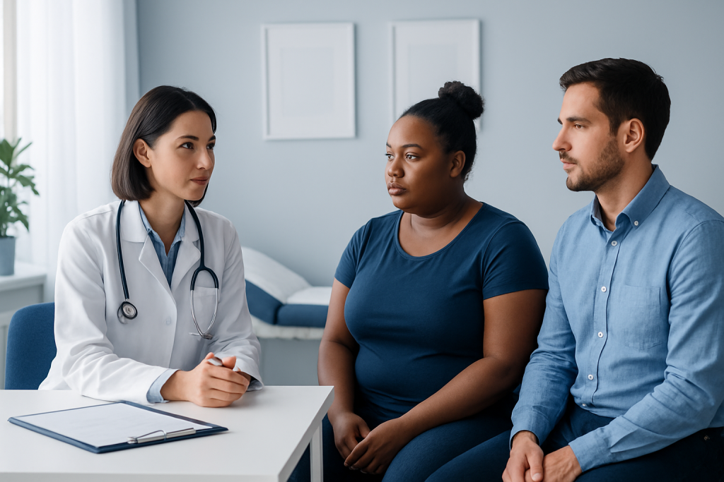 Doctor consulting with a woman and a man in a medical office.