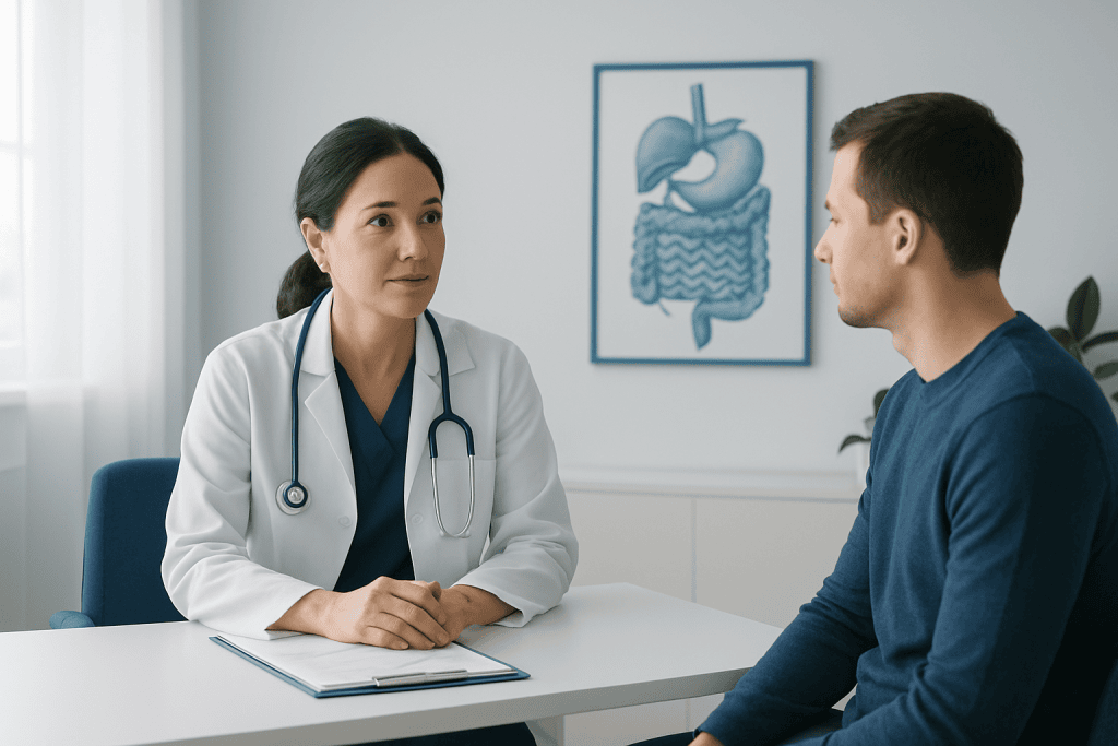 Doctor consulting patient about digestive health in a clinic setting.