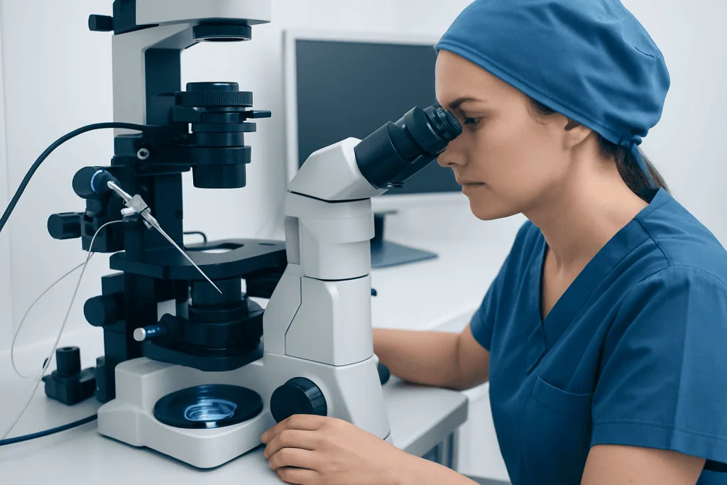 Female scientist using a microscope in a laboratory setting.