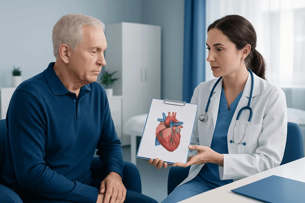 Cardiologist explains heart health to elderly patient with heart diagram.